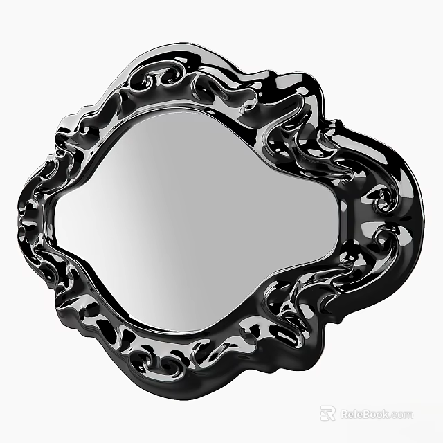 Black Ornate Mirror With Intricate Carvings And Glossy Frame Design 3d model 