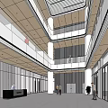 Modern Lobby Reception Desk Interior Design With Glass Doors Columns And Visitors