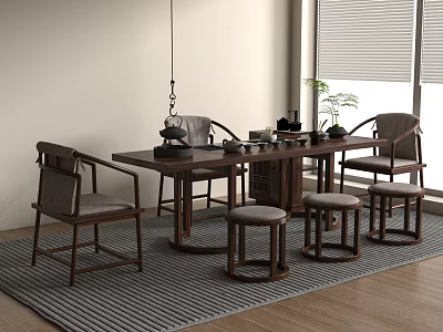 Traditional Chinese Dark Wooden Tea Table and Chairs With Tea Set Stools on Striped Rug 3d model