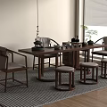 Traditional Chinese Dark Wooden Tea Table and Chairs With Tea Set Stools on Striped Rug