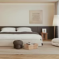 Minimalist Bedroom Interior With Large Bed Wooden Floor Decorative Painting Floor Lamp And Soft Rug