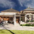 Detached Villa Exterior Featuring Tile Roof Luxury Car Driveway Brick Wall And Green Lawn