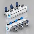 Modern Console Workstation Setup With Blue Ergonomic Chairs And Computer Screens