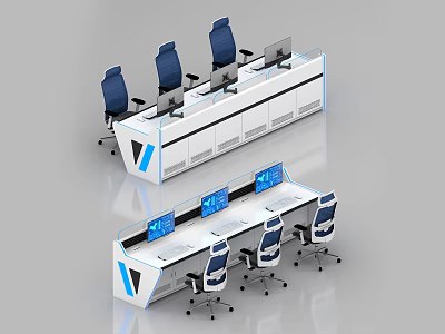 Modern Console Workstation Setup With Blue Ergonomic Chairs And Computer Screens 3d model