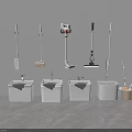 Neatly Arranged Cleaning Equipment With Mops And Mop Sinks Displayed Against Gray Wall