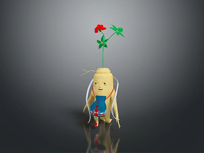 Cute Yellow Cartoon Decorative Figurine With Blue Outfit Red Patterns Green Stem And Red Flower 3d model