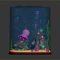 Underwater Natural Scene With Purple Octopus Jellyfish Green Seaweed Sandy Bottom And Colorful Corals