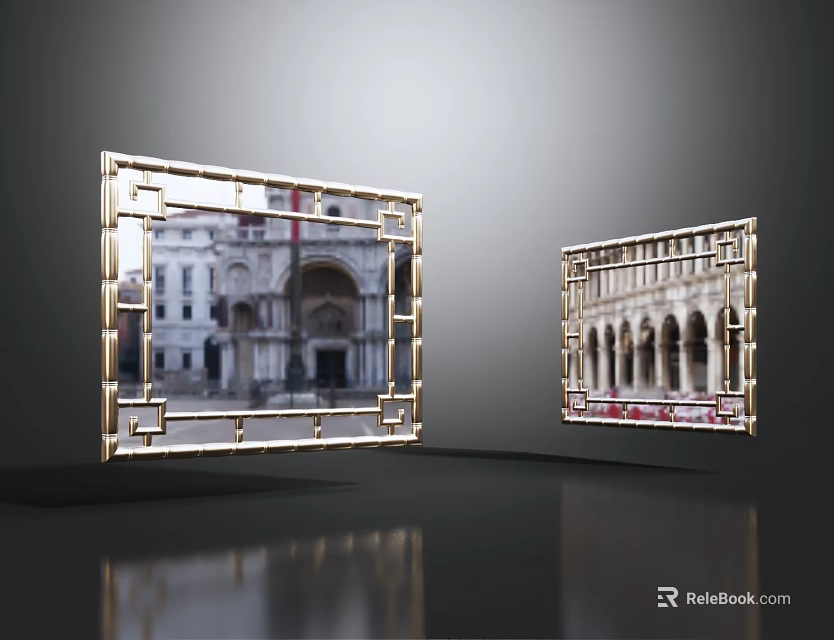 Elegant Decorative Mirrors With Golden Frames Showing Classical Building Reflections 3d model 