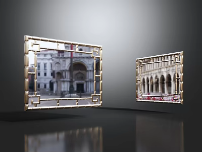Elegant Decorative Mirrors With Golden Frames Showing Classical Building Reflections 3d model