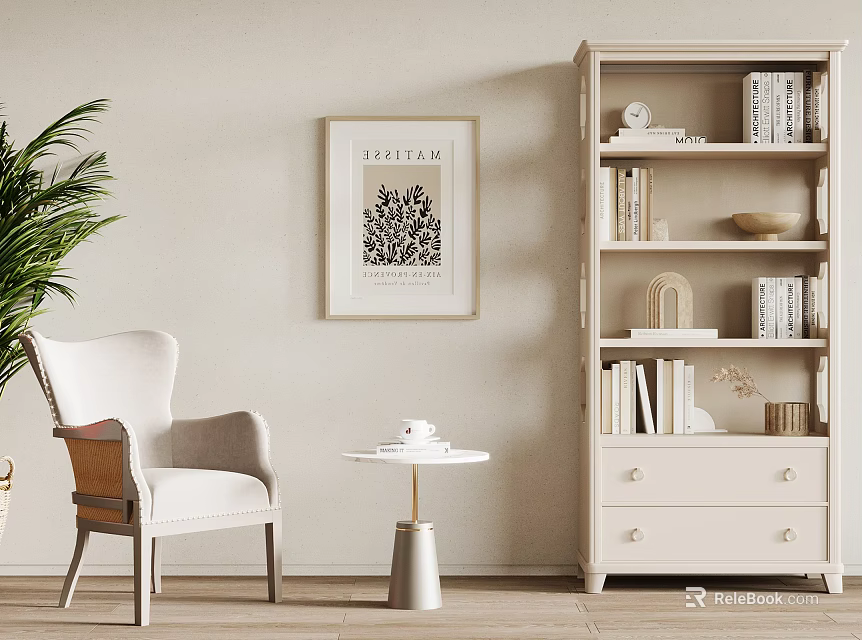 White Wooden Bookshelf with Drawers Shelves Books and Decor in Cozy Reading Corner 3d model 