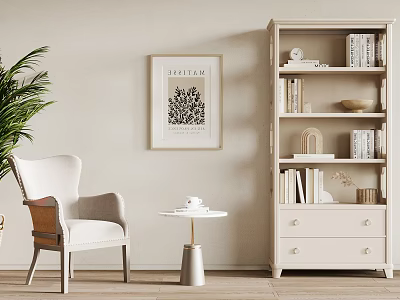 White Wooden Bookshelf with Drawers Shelves Books and Decor in Cozy Reading Corner 3d model