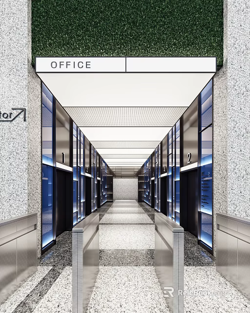 Sleek Office Elevator Hallway With Glass Doors Bright Ceiling Lighting And Polished Floor 3d model 