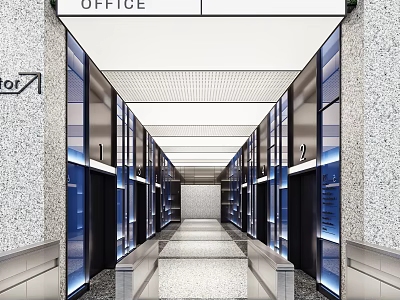 Sleek Office Elevator Hallway With Glass Doors Bright Ceiling Lighting And Polished Floor 3d model