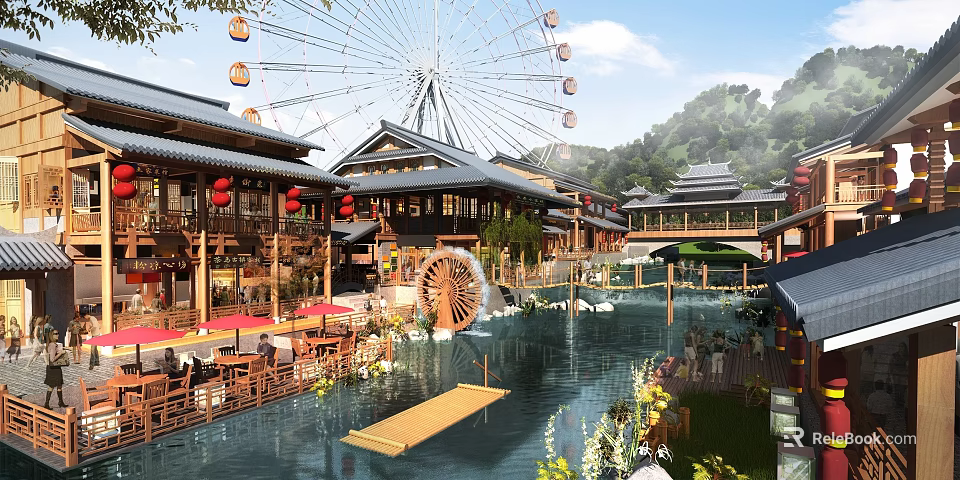 Commercial Landscape Featuring Ferris Wheel Traditional Chinese Buildings Water Wheel and Red Lanterns Near Mountains 3d model 