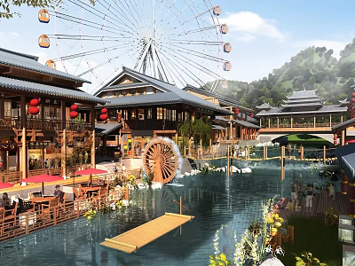Commercial Landscape Featuring Ferris Wheel Traditional Chinese Buildings Water Wheel and Red Lanterns Near Mountains 3d model