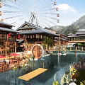 Commercial Landscape Featuring Ferris Wheel Traditional Chinese Buildings Water Wheel and Red Lanterns Near Mountains