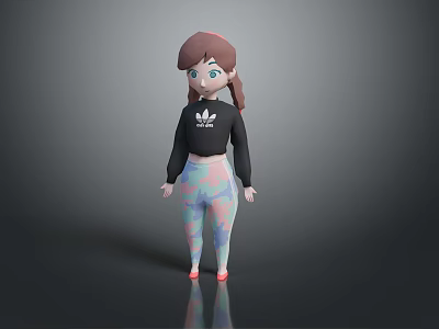 3D Girl Character with Brown Ponytail Blue Eyes Black Top and Colorful Pants 3d model
