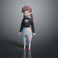 3D Girl Character with Brown Ponytail Blue Eyes Black Top and Colorful Pants