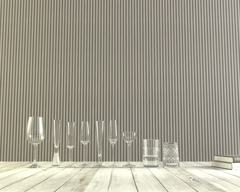 Elegant Wine Bottles and Wine Glasses Arrangement on Wooden Tabletop Against Striped Wallpaper with Books 3d model 