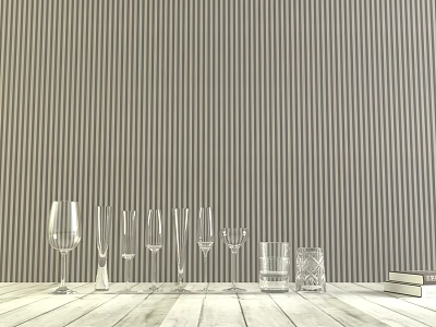 Elegant Wine Bottles and Wine Glasses Arrangement on Wooden Tabletop Against Striped Wallpaper with Books 3d model