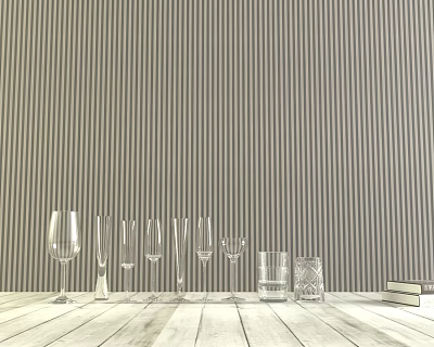 Elegant Wine Bottles and Wine Glasses Arrangement on Wooden Tabletop Against Striped Wallpaper with Books 3d model