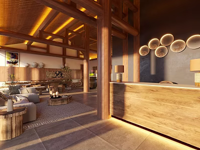 Hotel Lobby Interior With Wooden Pillars Reception Counter Sofa Seating And Warm Lighting 3d model