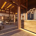 Hotel Lobby Interior With Wooden Pillars Reception Counter Sofa Seating And Warm Lighting