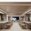 Modern Conference Room Interior With Long Wooden Tables Comfortable Chairs Large Screen And Wooden Ceiling