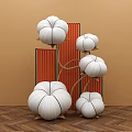 Photo Spot With White Pumpkin Shaped Decorations Red Vertical Strips Orange Background And Wooden Floor