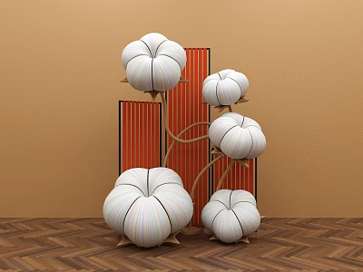 Photo Spot With White Pumpkin Shaped Decorations Red Vertical Strips Orange Background And Wooden Floor 3d model