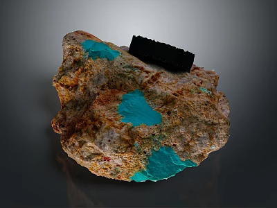 Garden Landscape With Natural Rock Featuring Turquoise Spots And Black Object On Surface 3d model
