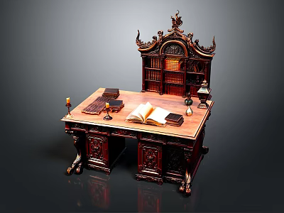 Vintage Carved Wooden Desk Setup With Open Book Candleholder And Decorative Bookshelf 3d model