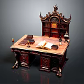 Vintage Carved Wooden Desk Setup With Open Book Candleholder And Decorative Bookshelf