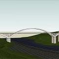 Modern Arch Bridge Structure Over Water With Green Grass And Paved Path 3d model