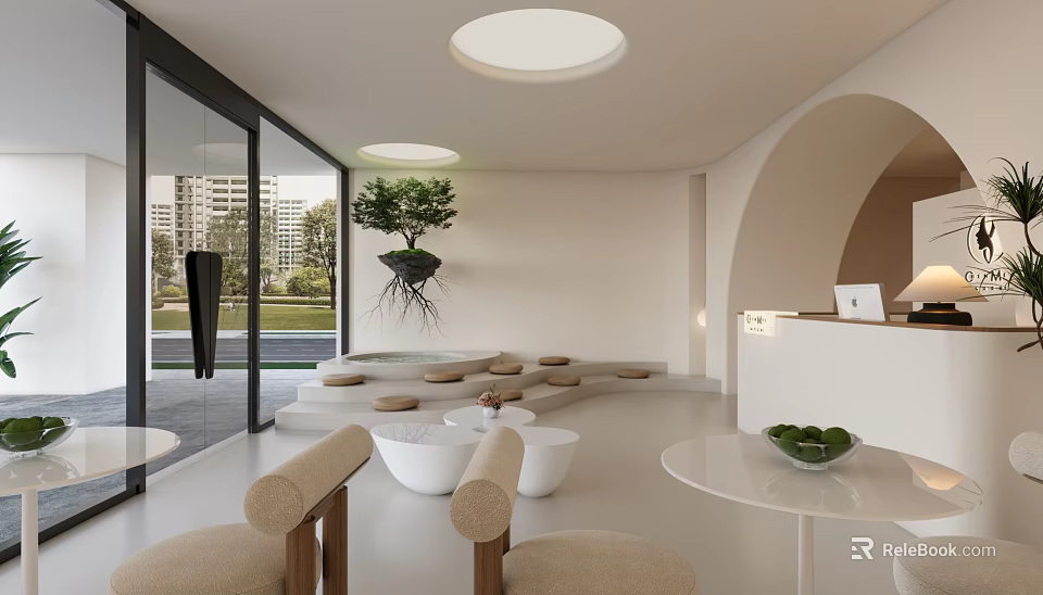 Modern Hair And Beauty Salon Interior With Styling Stations Comfortable Seats And Greenery 3d model 