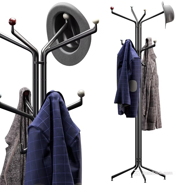 Coat Rack Displaying Hats And Various Coats 3d model