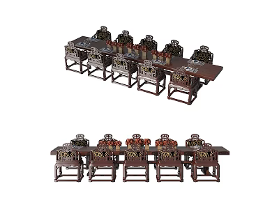 Traditional Chinese Wooden Dining Table Set With Carved Chairs And Classic Design 3d model