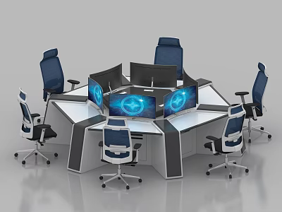 Modern Monitoring Room Setup With Multiple Screens Console Desk And Office Chairs 3d model
