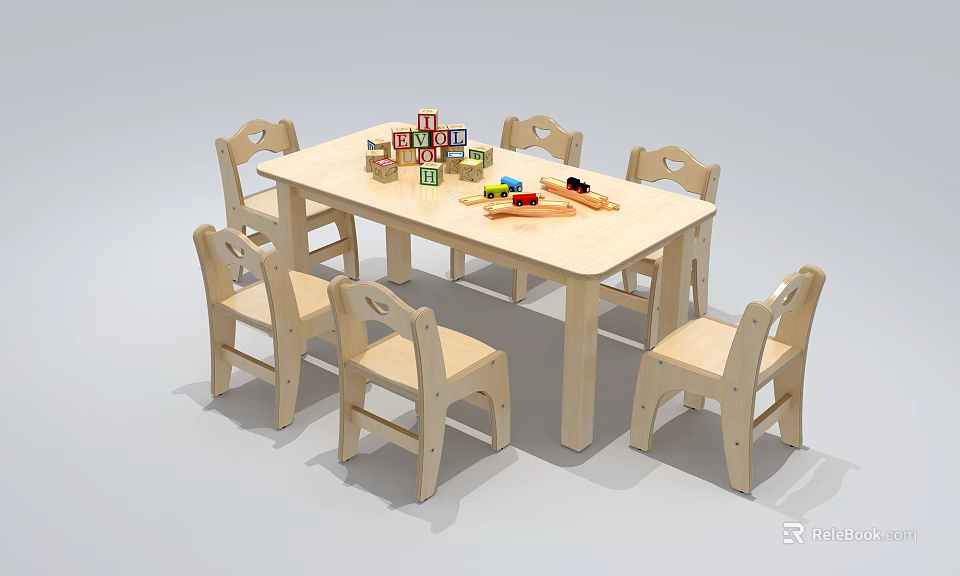 Kindergarten Classroom Setup With Wooden Table Six Chairs Building Blocks Toy Cars And Train Tracks 3d model 
