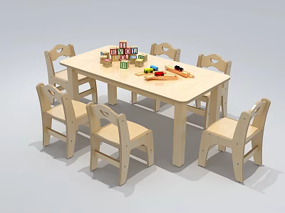 Kindergarten Classroom Setup With Wooden Table Six Chairs Building Blocks Toy Cars And Train Tracks 3d model