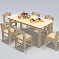 Kindergarten Classroom Setup With Wooden Table Six Chairs Building Blocks Toy Cars And Train Tracks