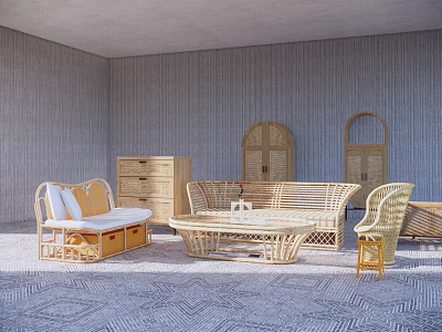 Wicker Sofa Coffee Table Set In Modern Living Room Interior With Textured Rug And Chair 3d model