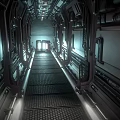 Futuristic Elevator Corridor Design With Metallic Walls Control Panels And Grated Floor Lighting