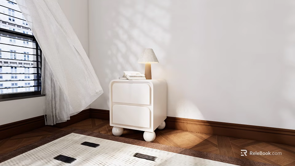 White Bedside Table With Two Drawers Round Legs Lamp Books On Wooden Floor Sunlight Shadows 3d model 