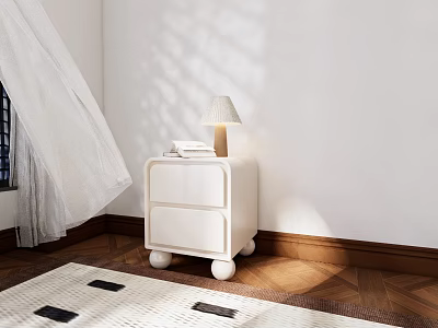 White Bedside Table With Two Drawers Round Legs Lamp Books On Wooden Floor Sunlight Shadows 3d model