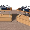 Outdoor Wooden Stalls With Blue Canopies Red Brick Floor And Person Standing At Counter