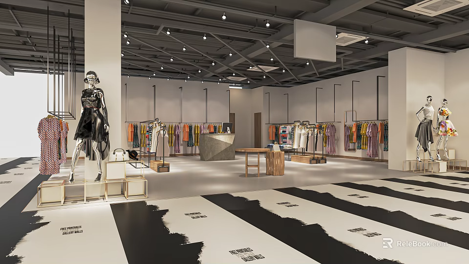 Modern Clothing Store Interior With Hanging Colorful Garments Mannequins And Display Tables 3d model 