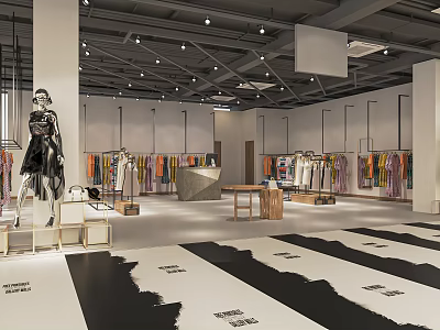 Modern Clothing Store Interior With Hanging Colorful Garments Mannequins And Display Tables 3d model