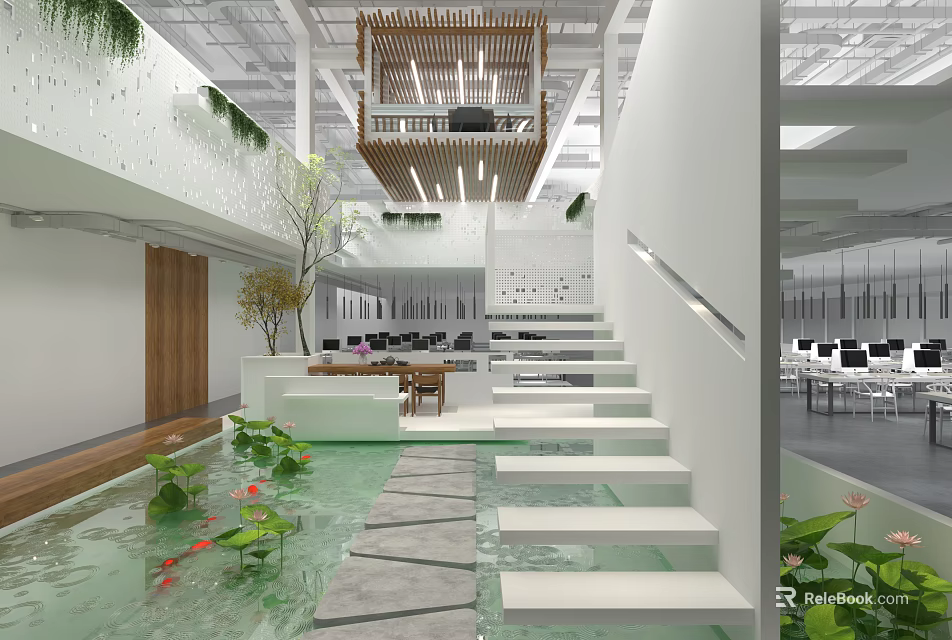 Modern Public Office Space With Open Layout Water Feature Green Plants And Staircase 3d model 