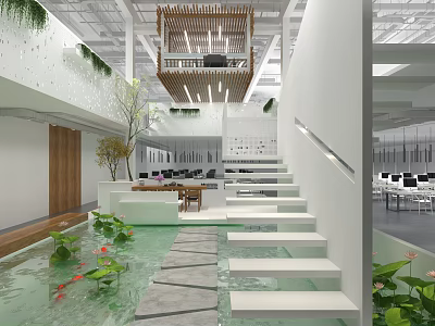 Modern Public Office Space With Open Layout Water Feature Green Plants And Staircase 3d model